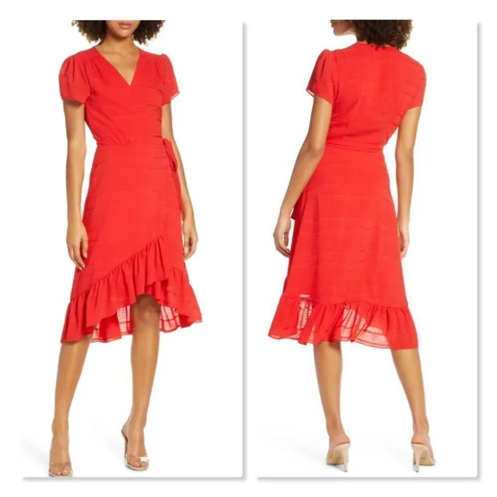 Charles Henry Textured Stripe Chiffon Wrap Dress - size Large in Red